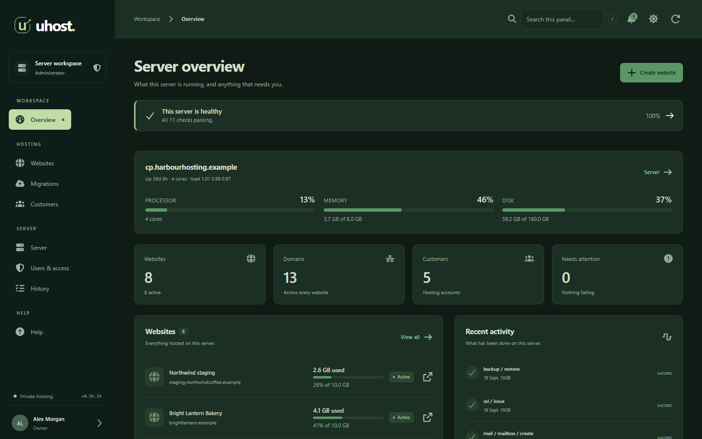 The UHost server overview in the dark theme