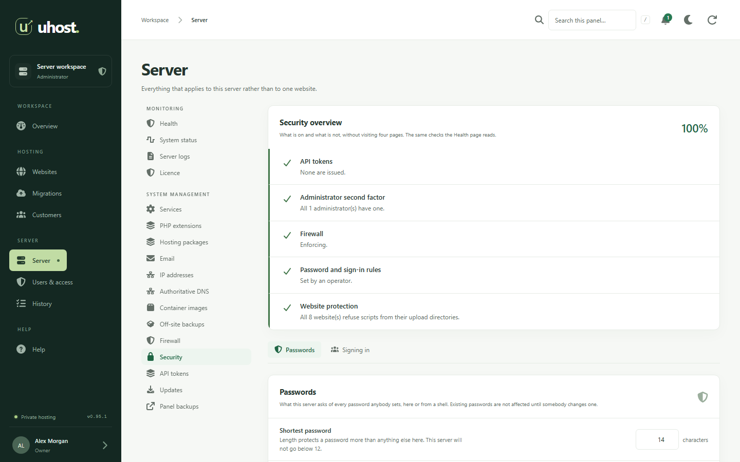UHost's security overview for a server, scoring what is switched on