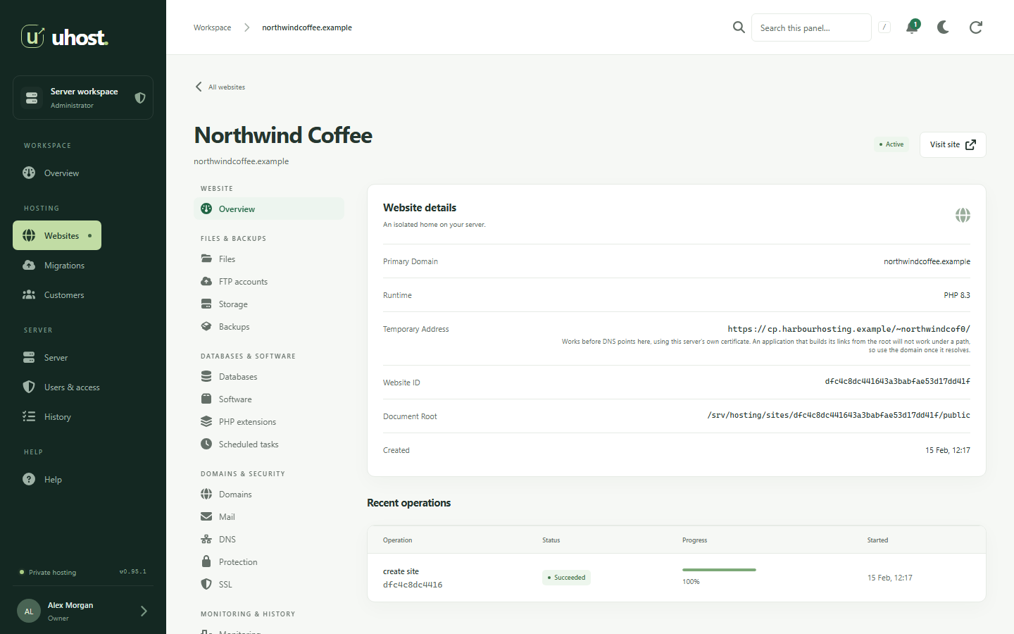 One website in UHost with its tools: files, databases, mail, DNS, SSL and backups